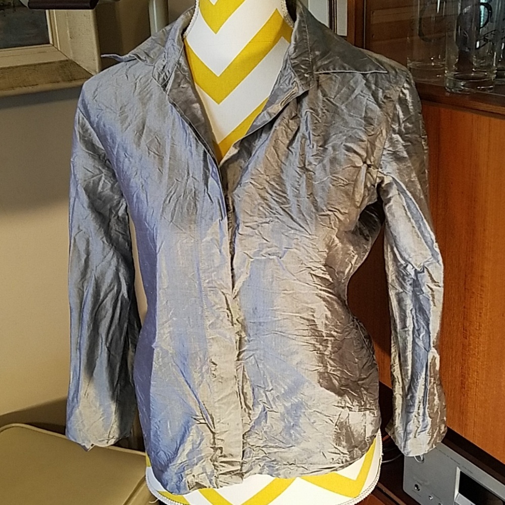 100% Silk Silver Long Sleeve Button Down Blouse